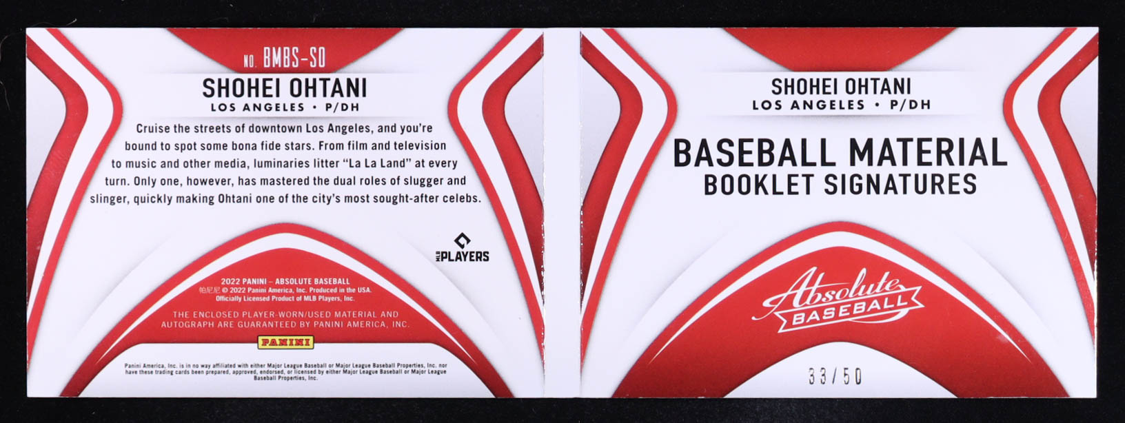 Shohei Ohtani 2022 Absolute Baseball Material Booklet Signatures Red #6 #33/50 at PristineAuction.com Shohei Ohtani 2022 Absolute Baseball Material Booklet Signatures Red #6 #33/50 at PristineAuction.com