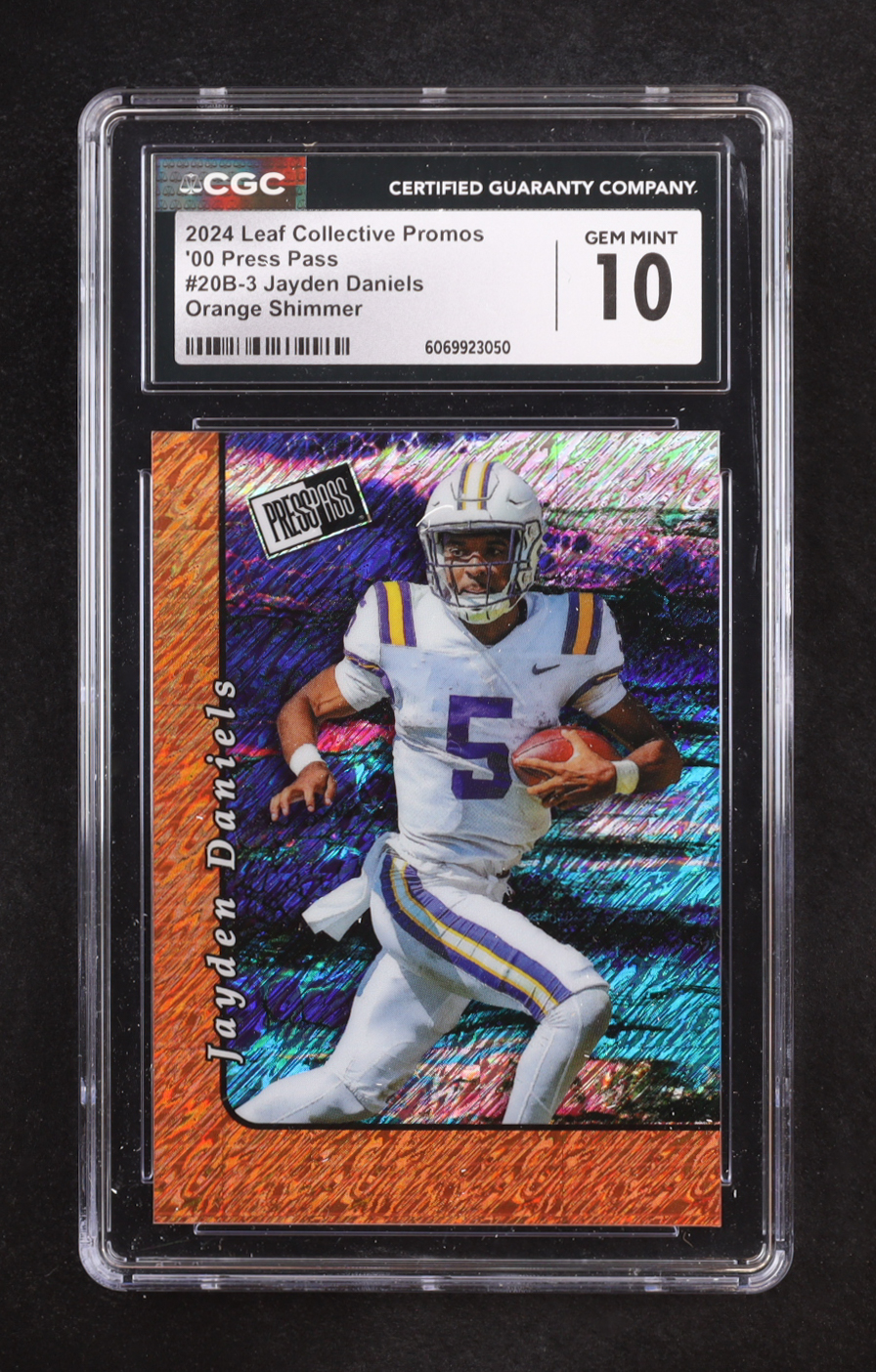 Jayden Daniels 2024 Leaf '00 Press Pass Collective Promo Orange Shimmer #20B3 RC #61/299 (CGC 10) at PristineAuction.com Jayden Daniels 2024 Leaf '00 Press Pass Collective Promo Orange Shimmer #20B3 RC #61/299 (CGC 10) at PristineAuction.com