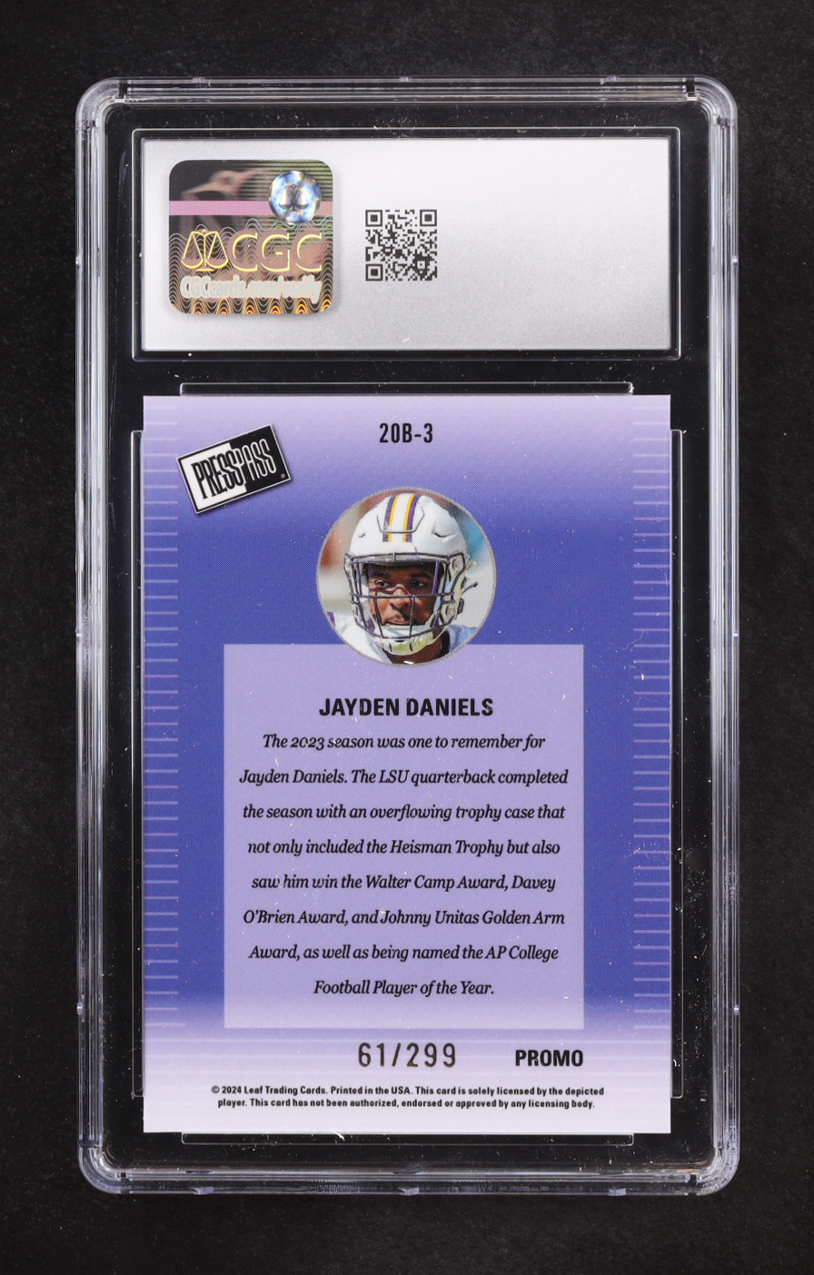 Jayden Daniels 2024 Leaf '00 Press Pass Collective Promo Orange Shimmer #20B3 RC #61/299 (CGC 10) at PristineAuction.com Jayden Daniels 2024 Leaf '00 Press Pass Collective Promo Orange Shimmer #20B3 RC #61/299 (CGC 10) at PristineAuction.com