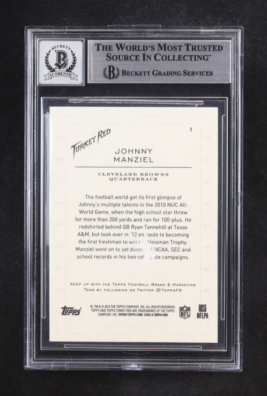 Johnny Manziel Signed 2014 Topps Turkey Red #1 RC (BGS | Auto Grade 10) at PristineAuction.com Johnny Manziel Signed 2014 Topps Turkey Red #1 RC (BGS | Auto Grade 10) at PristineAuction.com