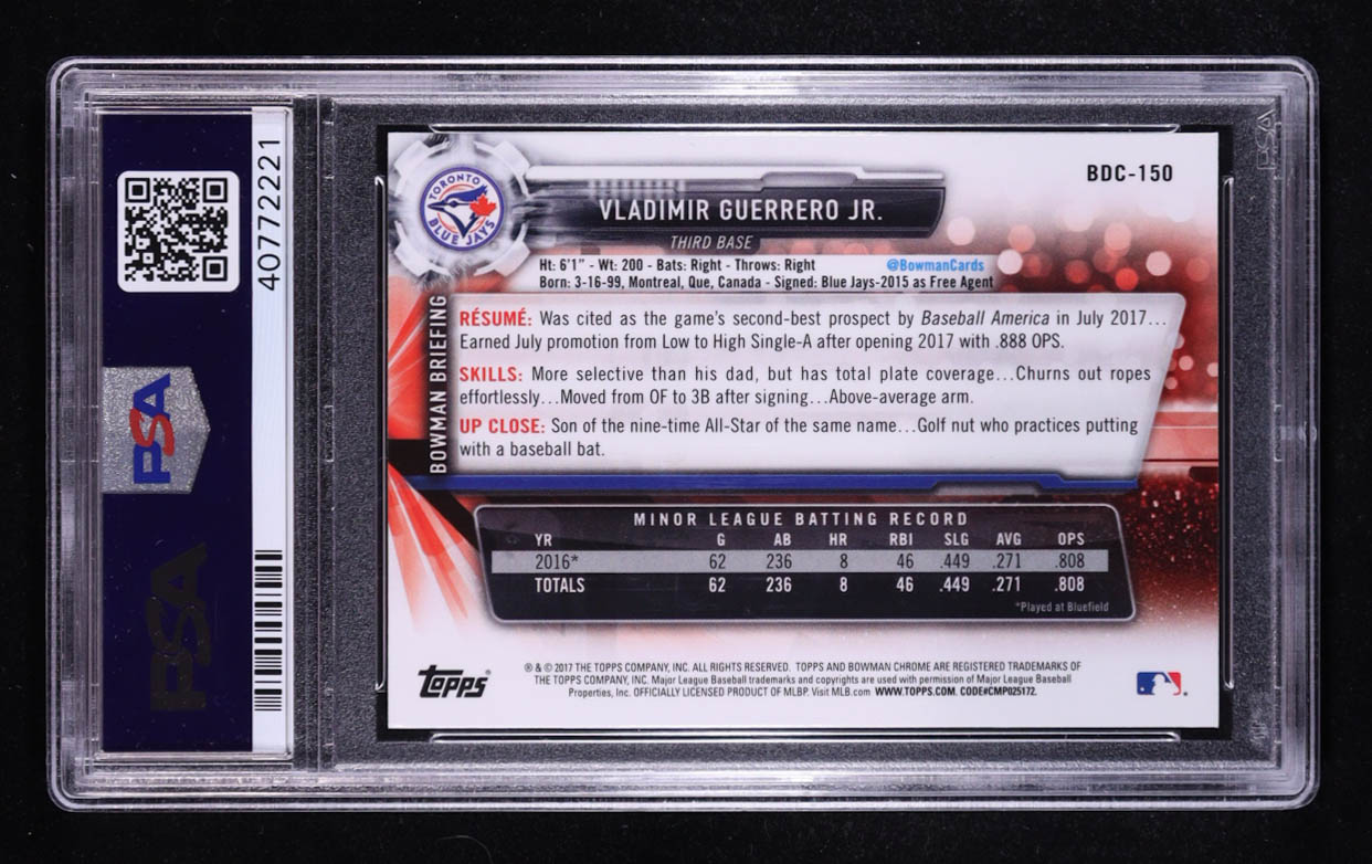 Vladimir Guerrero Jr. 2017 Bowman Chrome Draft #BDC150 RC (PSA 10) at PristineAuction.com Vladimir Guerrero Jr. 2017 Bowman Chrome Draft #BDC150 RC (PSA 10) at PristineAuction.com