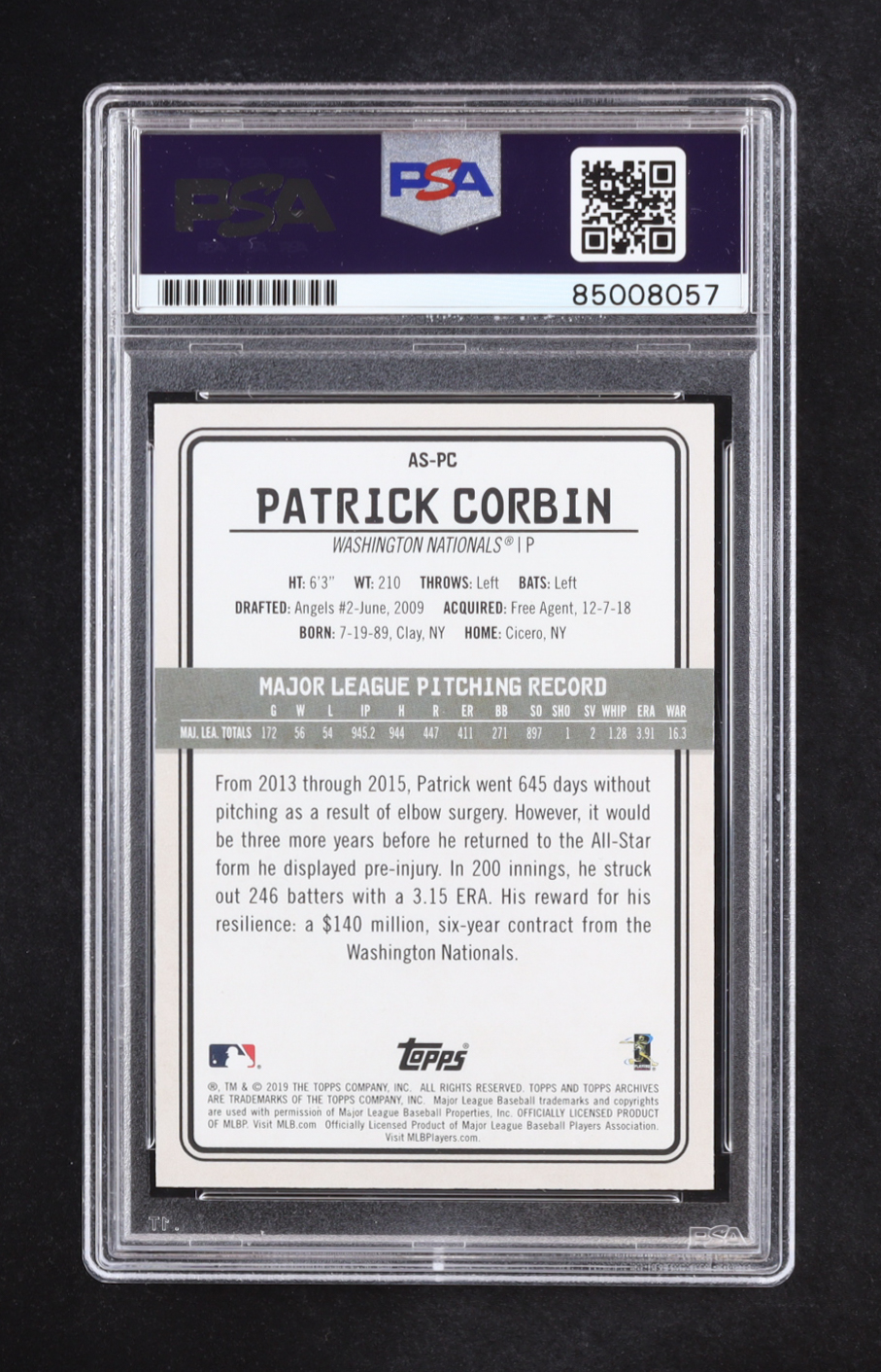 Patrick Corbin Signed 2019 Topps Archives Snapshots Black and White #ASPC (PSA) at PristineAuction.com Patrick Corbin Signed 2019 Topps Archives Snapshots Black and White #ASPC (PSA) at PristineAuction.com