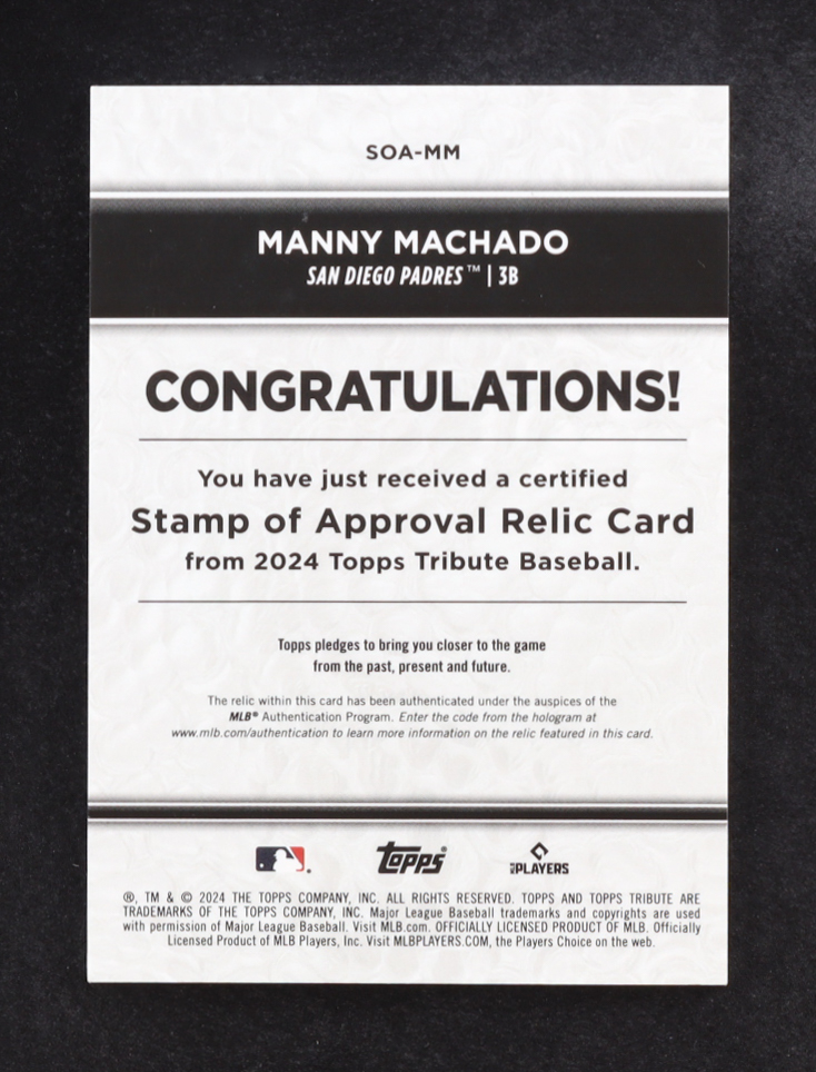 Manny Machado 2024 Topps Tribute Stamp of Approval Relics Green #SOAMM #13/99 at PristineAuction.com Manny Machado 2024 Topps Tribute Stamp of Approval Relics Green #SOAMM #13/99 at PristineAuction.com