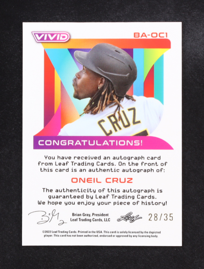 Oneil Cruz 2022 Leaf Vivid Autographs Red #BAOC1 #28/35 at PristineAuction.com Oneil Cruz 2022 Leaf Vivid Autographs Red #BAOC1 #28/35 at PristineAuction.com