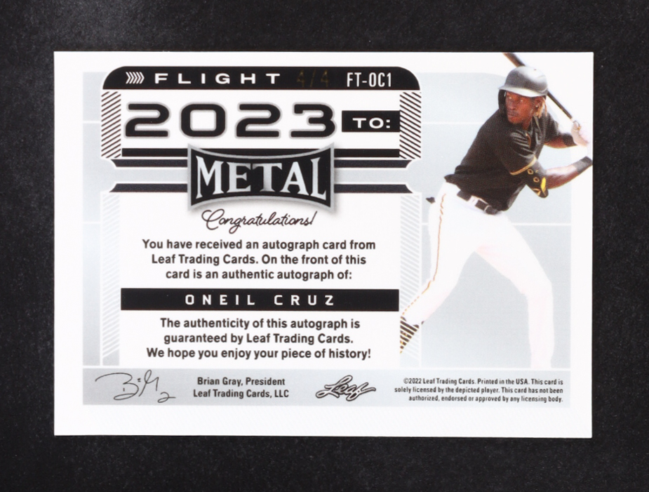 Oneil Cruz 2022 Leaf Metal Baseball Flight 2023 To... Autographs Peacock Prismatic #FTOC1 #4/4 RC at PristineAuction.com Oneil Cruz 2022 Leaf Metal Baseball Flight 2023 To... Autographs Peacock Prismatic #FTOC1 #4/4 RC at PristineAuction.com