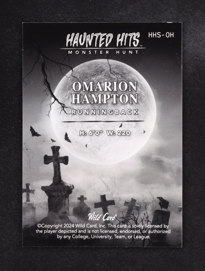 Omarion Hampton 2024 Wild Card Haunted Hits Monster Hunt Purple Scarecrow #HHSOH #2/2 RC at PristineAuction.com Omarion Hampton 2024 Wild Card Haunted Hits Monster Hunt Purple Scarecrow #HHSOH #2/2 RC at PristineAuction.com