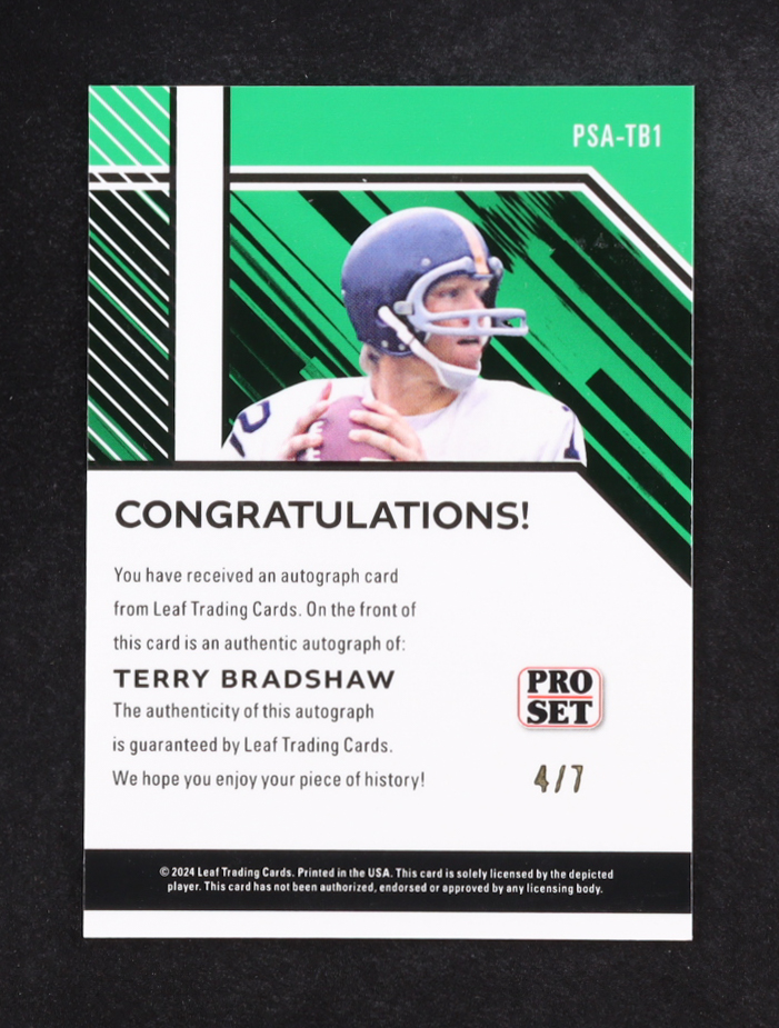 Terry Bradshaw 2024 Leaf Collective Autographs Purple Shimmer #PSATB1 #4/7 at PristineAuction.com Terry Bradshaw 2024 Leaf Collective Autographs Purple Shimmer #PSATB1 #4/7 at PristineAuction.com