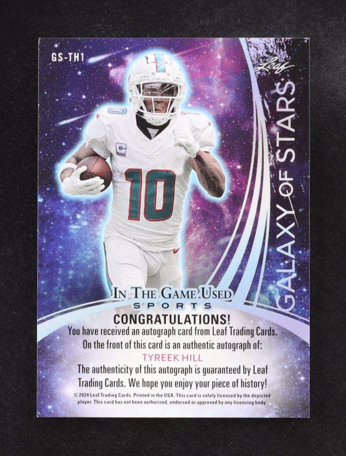 Tyreek Hill 2024 Leaf In The Game Used Galaxy of Stars Autographs Rainbow #GSTH1 #16/35 at PristineAuction.com Tyreek Hill 2024 Leaf In The Game Used Galaxy of Stars Autographs Rainbow #GSTH1 #16/35 at PristineAuction.com