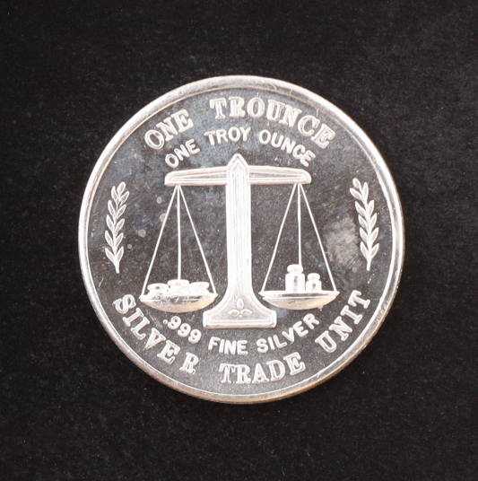 Vintage 1oz .999 Divisible Trade Unit Silver Round by Crabtree Mint, Paradise, California at PristineAuction.com Vintage 1oz .999 Divisible Trade Unit Silver Round by Crabtree Mint, Paradise, California at PristineAuction.com