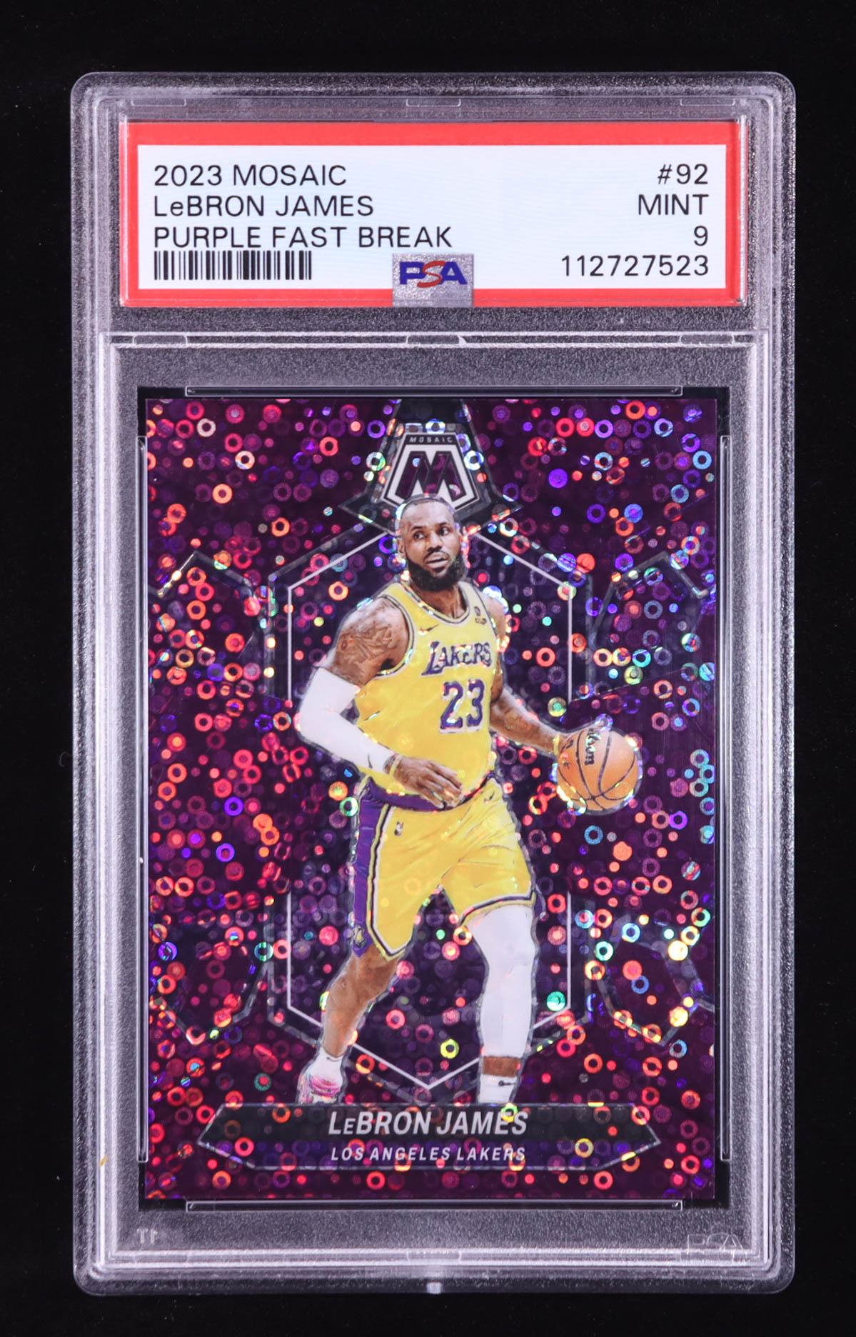 LeBron James 2023-24 Panini Mosaic Mosaic Fast Break Purple #92 #32/50 (PSA 9) at PristineAuction.com LeBron James 2023-24 Panini Mosaic Mosaic Fast Break Purple #92 #32/50 (PSA 9) at PristineAuction.com