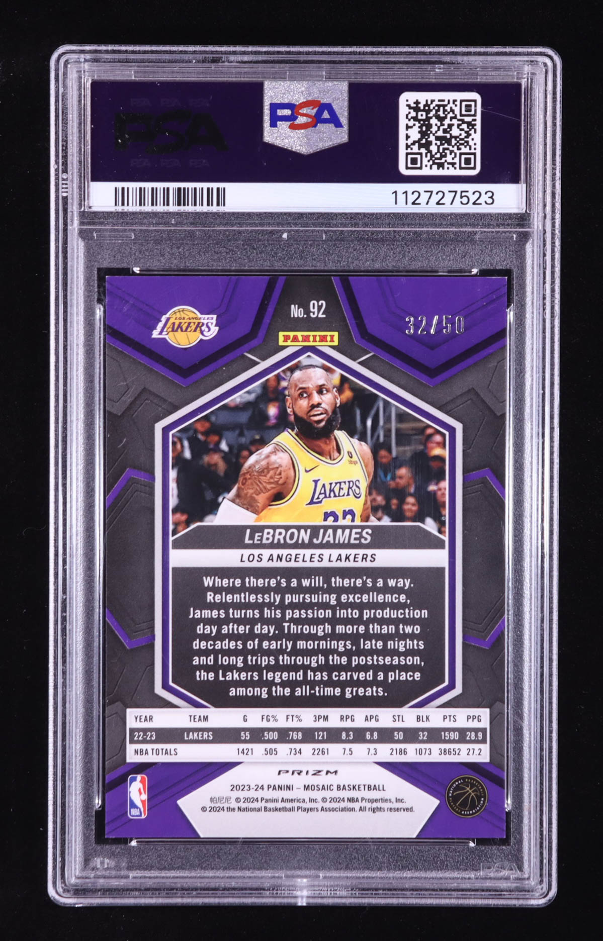 LeBron James 2023-24 Panini Mosaic Mosaic Fast Break Purple #92 #32/50 (PSA 9) at PristineAuction.com LeBron James 2023-24 Panini Mosaic Mosaic Fast Break Purple #92 #32/50 (PSA 9) at PristineAuction.com