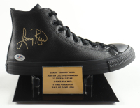 Larry Bird Signed Converse Black Leather Basketball Shoe with Statistics Plaque Display Stand (PSA) at PristineAuction.com