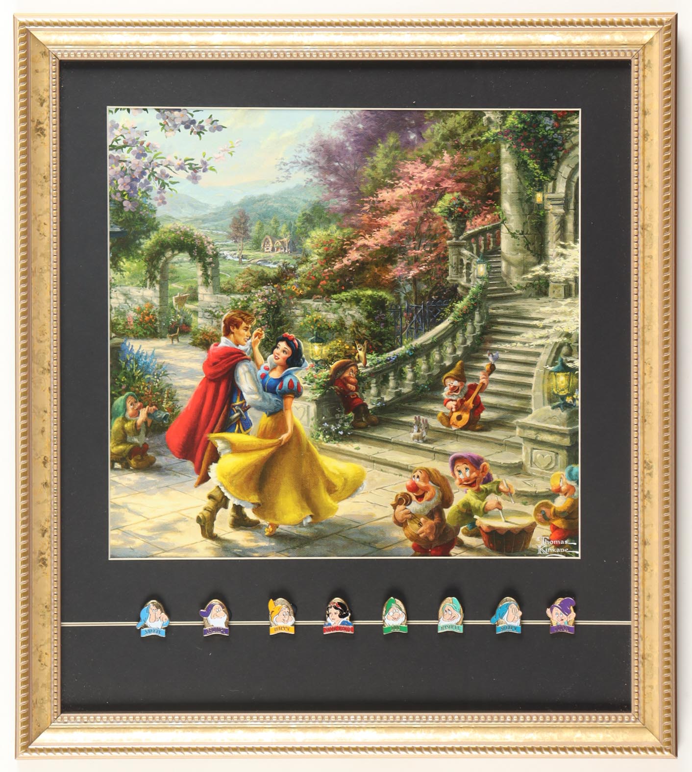 Thomas Kinkade "Snow White & The Seven Dwarfs" Custom Framed Print Display with (8) Character Pins at PristineAuction.com Thomas Kinkade "Snow White & The Seven Dwarfs" Custom Framed Print Display with (8) Character Pins at PristineAuction.com