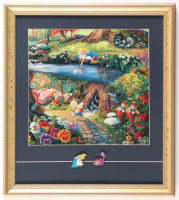 Thomas Kinkade Walt Disney's "Alice in Wonderland" Custom Framed Print Display with Alice & Cheshire Cat Pin Set at PristineAuction.com