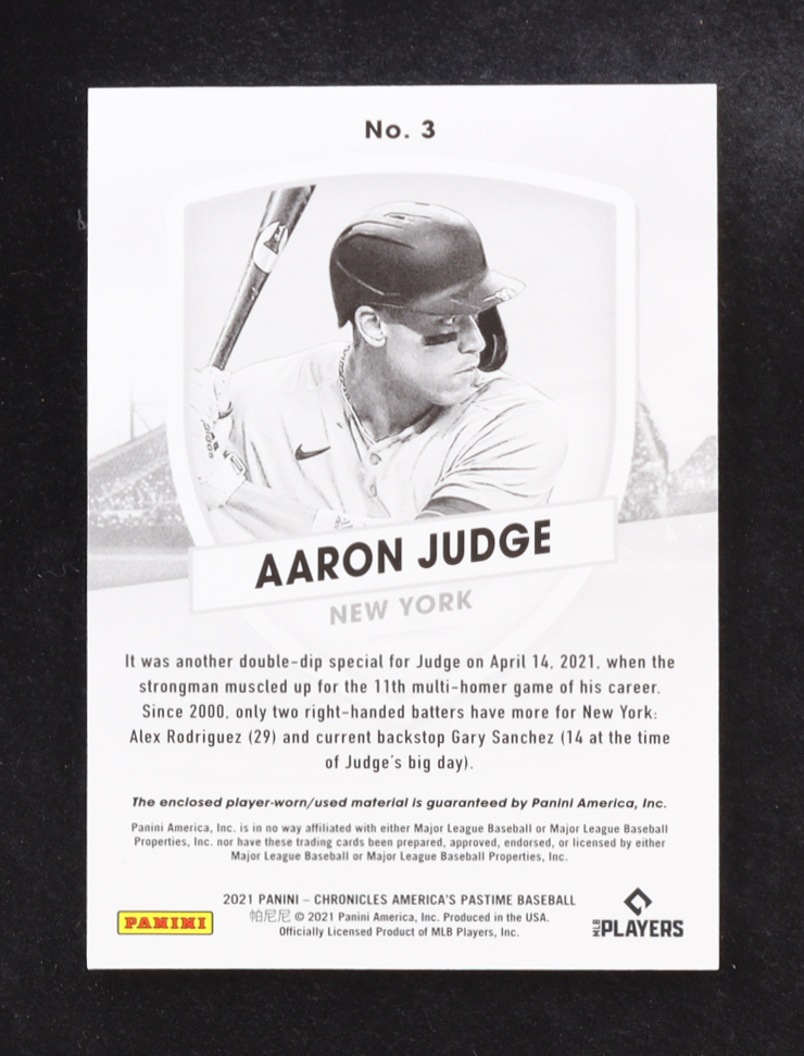 Aaron Judge 2021 Panini Chronicles America's Pastime Swatch Memorabilia #3 at PristineAuction.com Aaron Judge 2021 Panini Chronicles America's Pastime Swatch Memorabilia #3 at PristineAuction.com