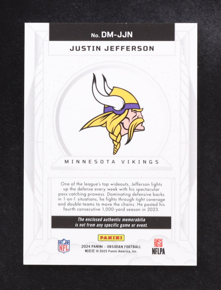 Justin Jefferson 2024 Panini Obsidian Dusk Memorabilia #DM-JJN at PristineAuction.com Justin Jefferson 2024 Panini Obsidian Dusk Memorabilia #DM-JJN at PristineAuction.com