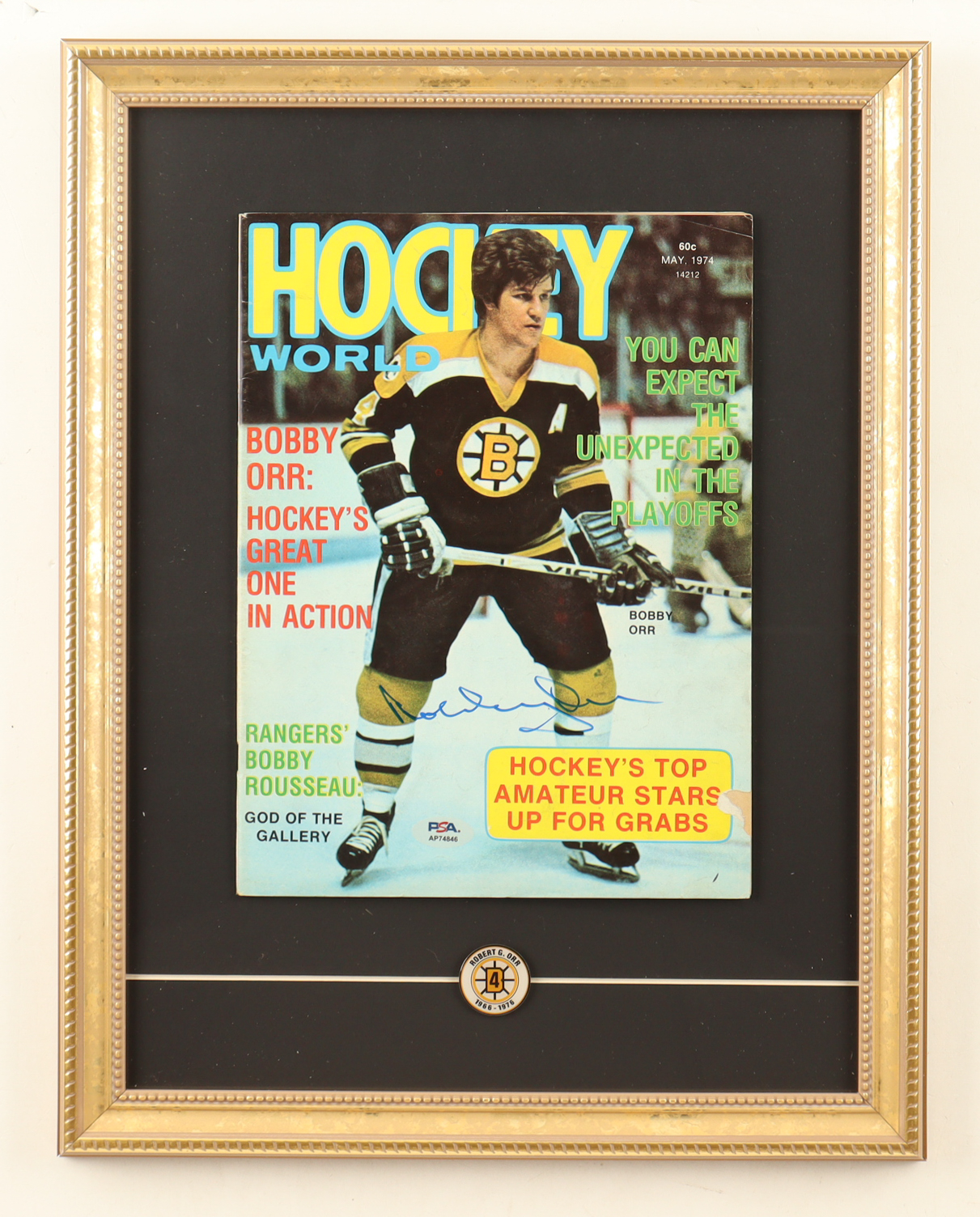 Bobby Orr Signed 1974 "Hockey World" Custom Framed Magazine Display with Orr Pin (PSA) at PristineAuction.com Bobby Orr Signed 1974 "Hockey World" Custom Framed Magazine Display with Orr Pin (PSA) at PristineAuction.com