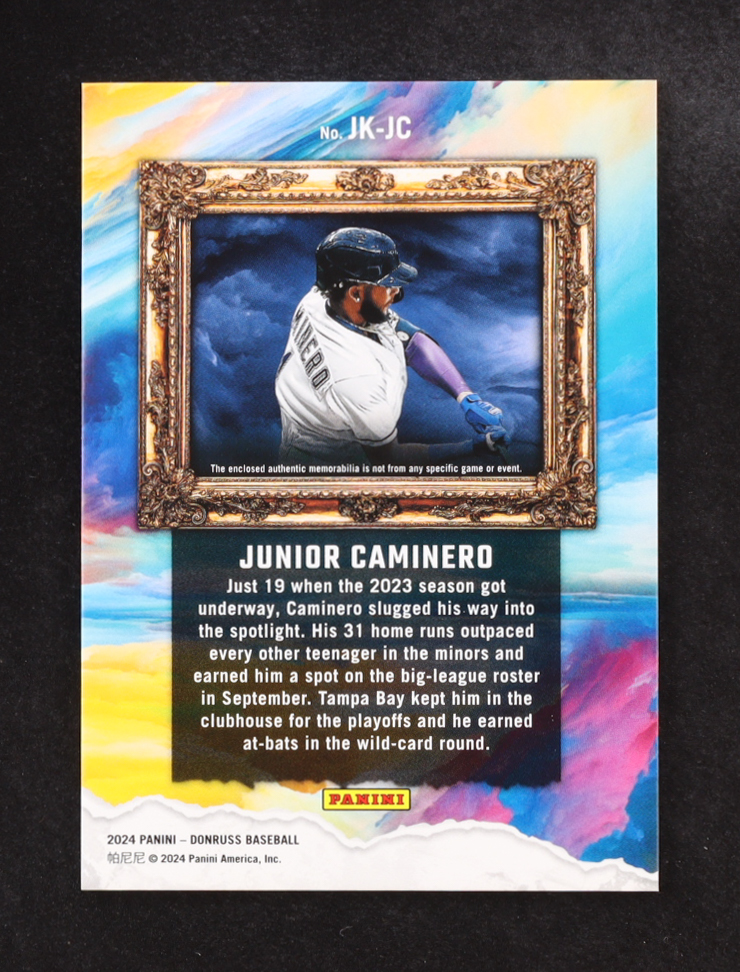 Junior Caminero 2024 Panini Donruss Jersey Kings Purple Ice Memorabilia #JK-JC RC at PristineAuction.com Junior Caminero 2024 Panini Donruss Jersey Kings Purple Ice Memorabilia #JK-JC RC at PristineAuction.com