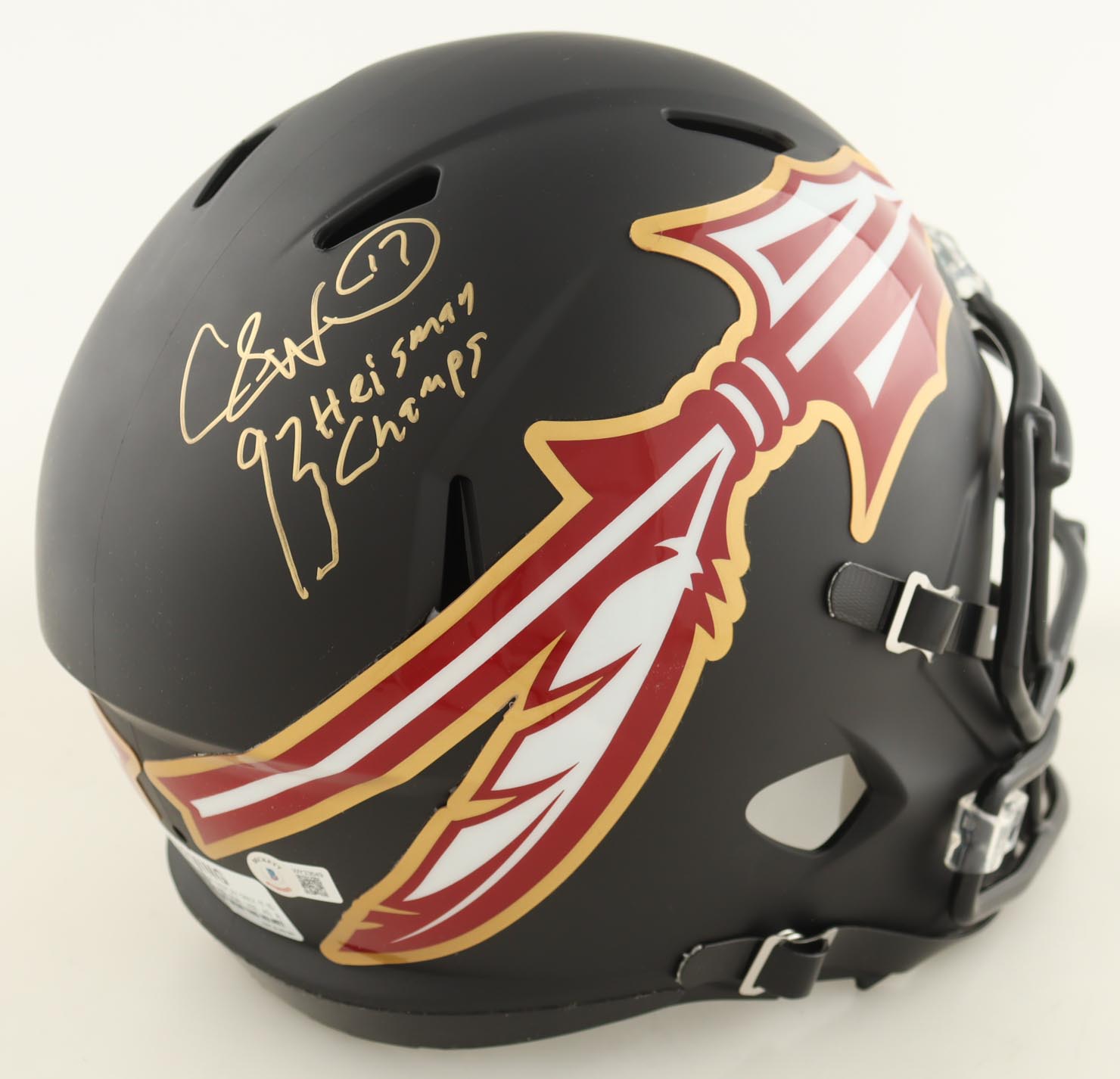 Charlie Ward Signed Florida State Seminoles Full-Size Matte Black Speed Helmet Inscribed "93 Heisman" (Beckett) at PristineAuction.com Charlie Ward Signed Florida State Seminoles Full-Size Matte Black Speed Helmet Inscribed "93 Heisman" (Beckett) at PristineAuction.com