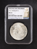 1921 Morgan Silver $1 Dollar - Original Bag Fragment Relic (NGC MS63) at PristineAuction.com