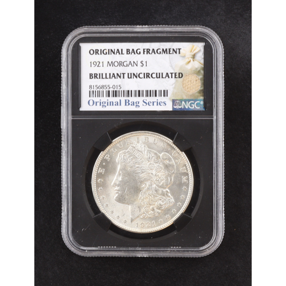 1921 Morgan Silver $1 Dollar - Original Bag Fragment Relic (NGC BRILLIANT UNCIRCULATED) at PristineAuction.com