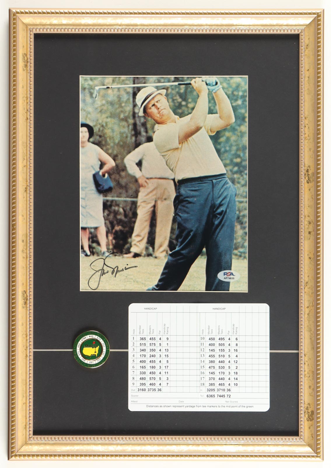 Jack Nicklaus Signed Custom Framed Photo Display with Masters Pin & Scorecard (PSA) at PristineAuction.com Jack Nicklaus Signed Custom Framed Photo Display with Masters Pin & Scorecard (PSA) at PristineAuction.com