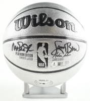 Larry Bird & Magic Johnson Signed NBA Platinum Edition Basketball with Display Stand (PSA & Beckett) at PristineAuction.com