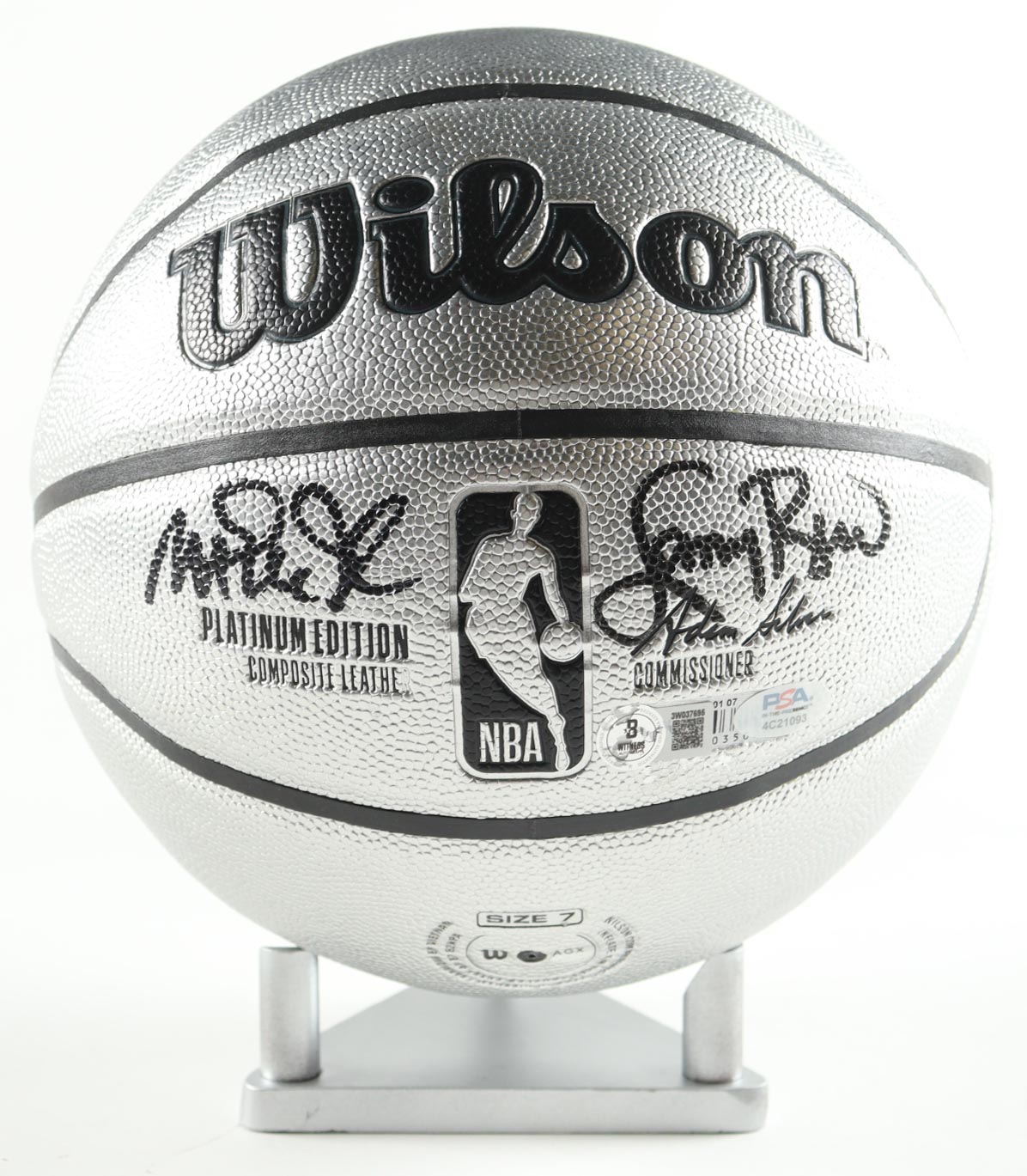 Larry Bird & Magic Johnson Signed NBA Platinum Edition Basketball with Display Stand (PSA & Beckett) at PristineAuction.com Larry Bird & Magic Johnson Signed NBA Platinum Edition Basketball with Display Stand (PSA & Beckett) at PristineAuction.com