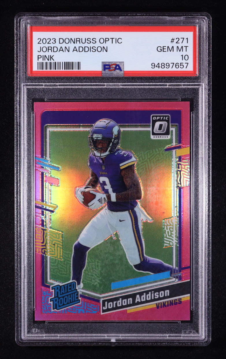 Jordan Addison 2023 Donruss Optic Pink Prizm Rated Rookie #271 RC (PSA 10) at PristineAuction.com Jordan Addison 2023 Donruss Optic Pink Prizm Rated Rookie #271 RC (PSA 10) at PristineAuction.com