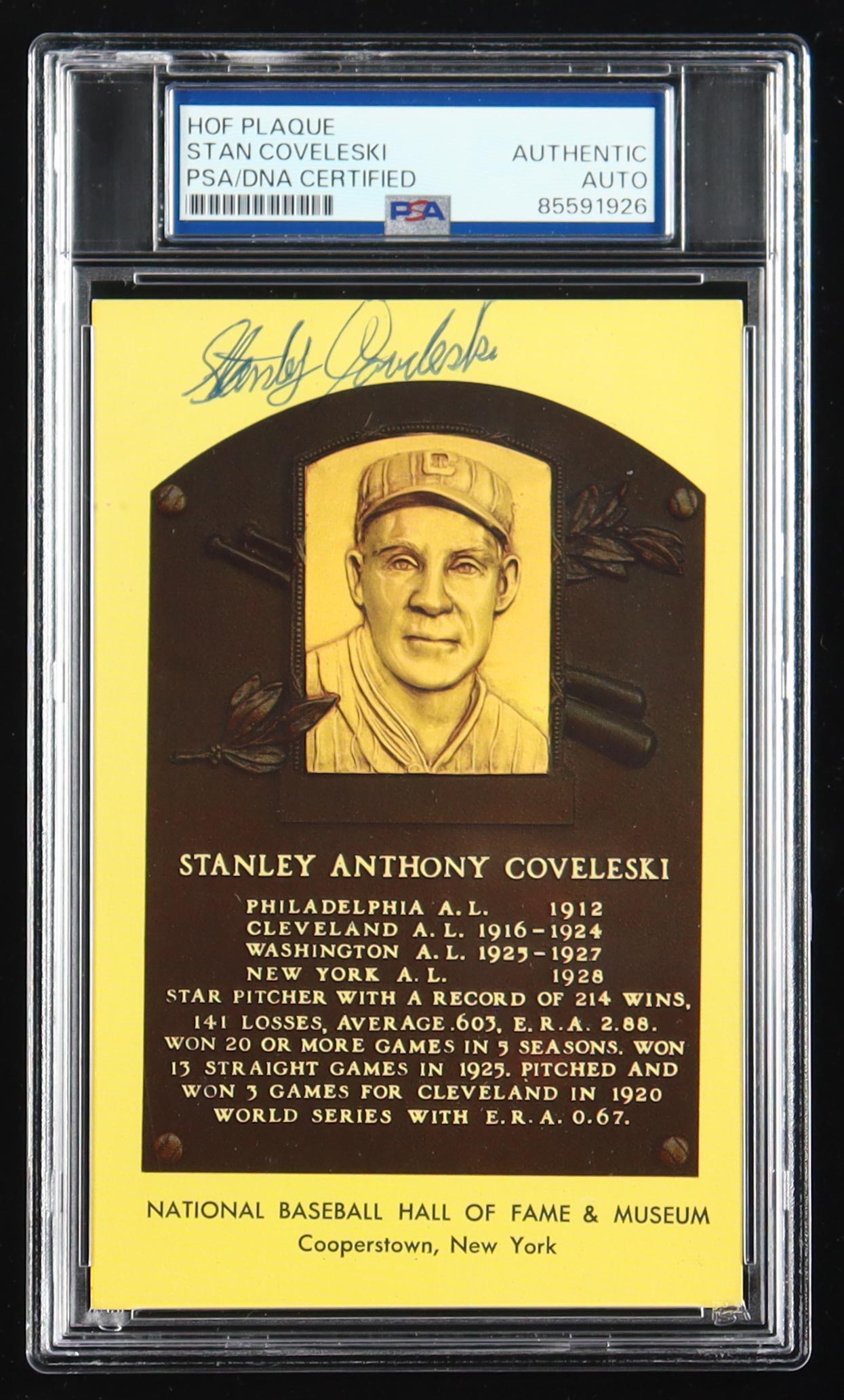 Stanley Coveleski Signed Cut on Hall of Fame Plaque Postcard (PSA) at PristineAuction.com Stanley Coveleski Signed Cut on Hall of Fame Plaque Postcard (PSA) at PristineAuction.com