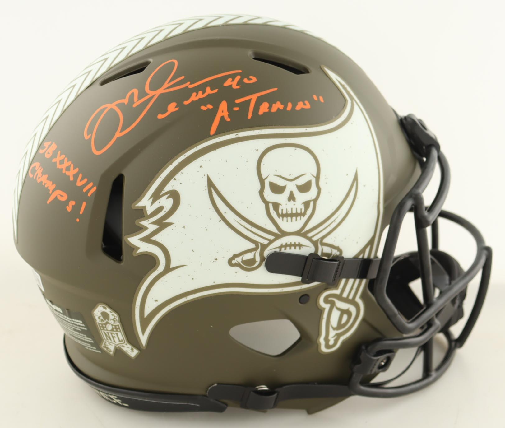 Mike Alstott Signed Buccaneers Full-Size Authentic On-Field Salute to Service Alternate Speed Helmet Inscribed "A-Train" & "SB XXXVII Champs!" (PSA) at PristineAuction.com Mike Alstott Signed Buccaneers Full-Size Authentic On-Field Salute to Service Alternate Speed Helmet Inscribed "A-Train" & "SB XXXVII Champs!" (PSA) at PristineAuction.com