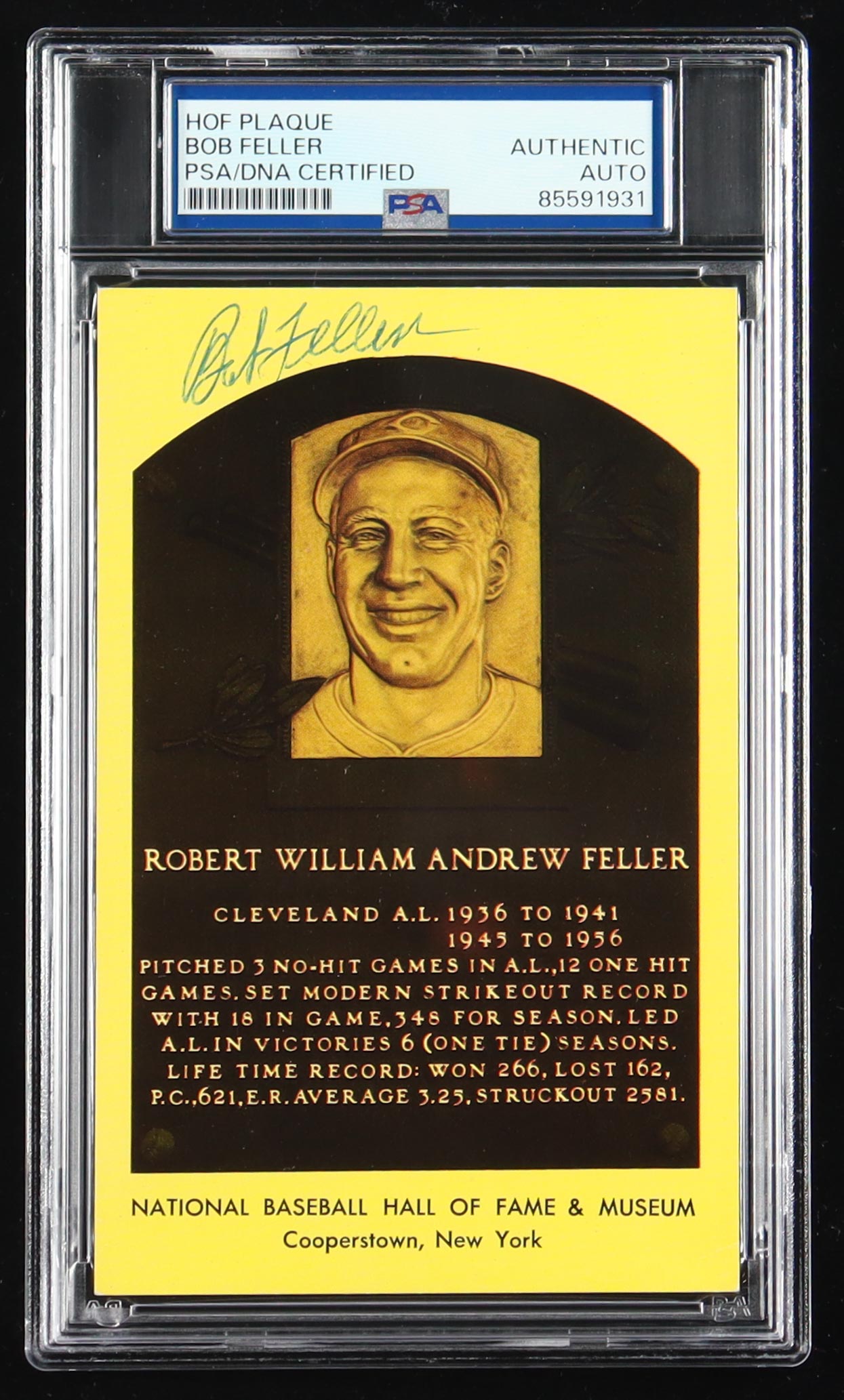 Bob Feller Signed Cut on Hall of Fame Plaque Postcard (PSA) at PristineAuction.com Bob Feller Signed Cut on Hall of Fame Plaque Postcard (PSA) at PristineAuction.com