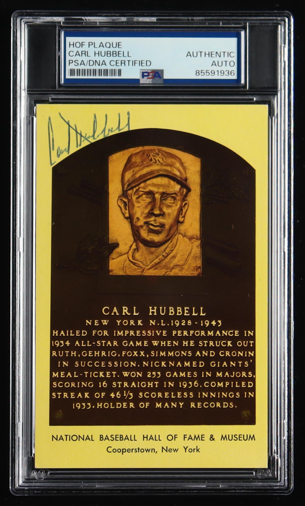 Carl Hubbell Signed Cut on Hall of Fame Plaque Postcard (PSA) at PristineAuction.com Carl Hubbell Signed Cut on Hall of Fame Plaque Postcard (PSA) at PristineAuction.com