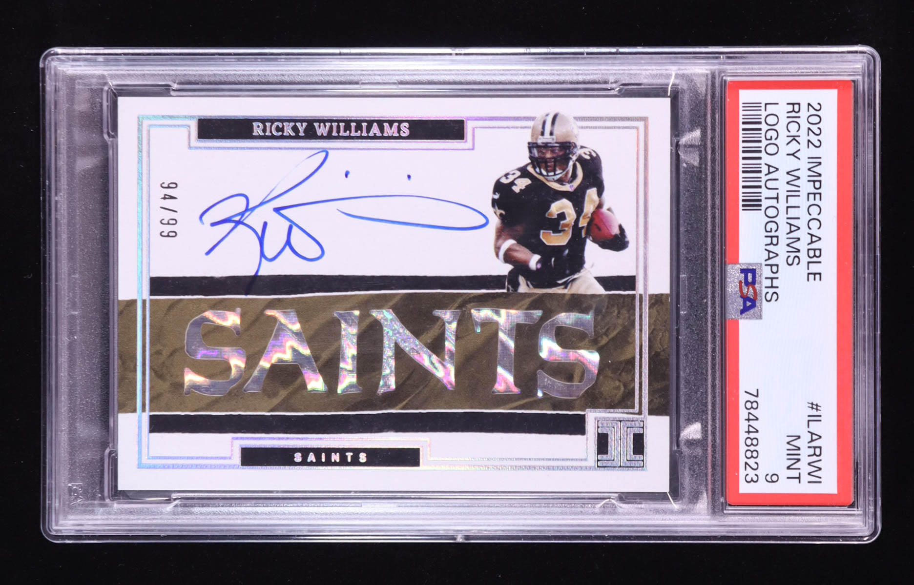 Ricky Williams 2022 Panini Impeccable Impeccable Logo Autographs #10 #94/99 (PSA 9) at PristineAuction.com Ricky Williams 2022 Panini Impeccable Impeccable Logo Autographs #10 #94/99 (PSA 9) at PristineAuction.com