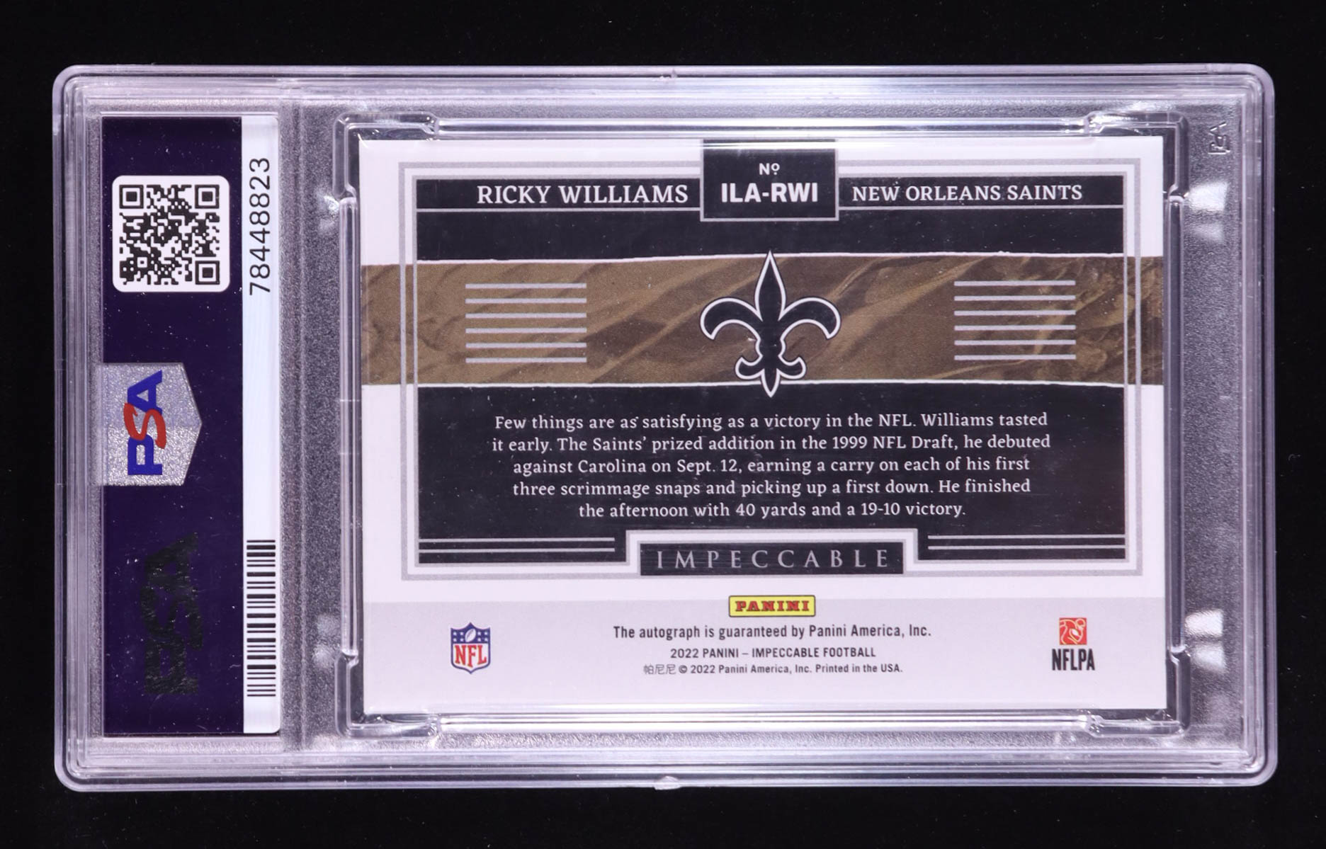 Ricky Williams 2022 Panini Impeccable Impeccable Logo Autographs #10 #94/99 (PSA 9) at PristineAuction.com Ricky Williams 2022 Panini Impeccable Impeccable Logo Autographs #10 #94/99 (PSA 9) at PristineAuction.com
