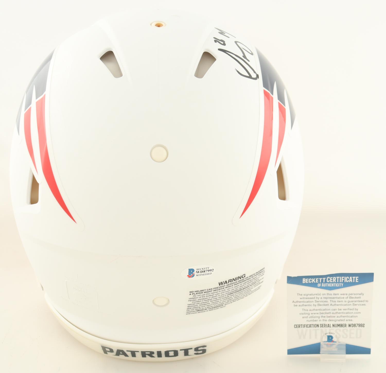Sony Michel Signed Patriots Full-Size Authentic Flat White Speed Helmet Inscribed "SBLIII Champs" (Beckett) at PristineAuction.com Sony Michel Signed Patriots Full-Size Authentic Flat White Speed Helmet Inscribed "SBLIII Champs" (Beckett) at PristineAuction.com