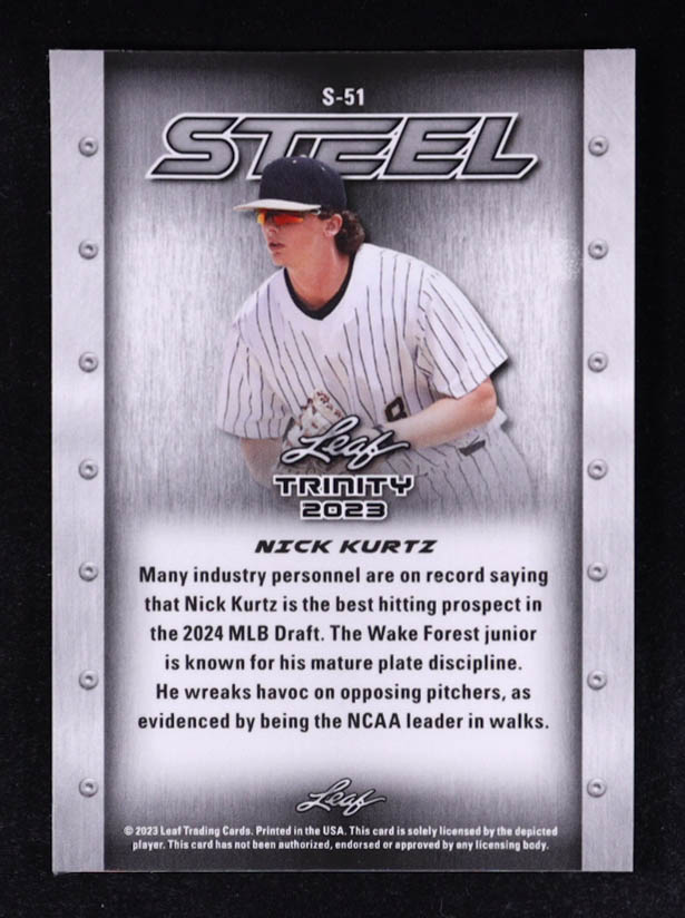Nick Kurtz 2023 Leaf Trinity Mega Box Steel Lava #S51 RC at PristineAuction.com Nick Kurtz 2023 Leaf Trinity Mega Box Steel Lava #S51 RC at PristineAuction.com