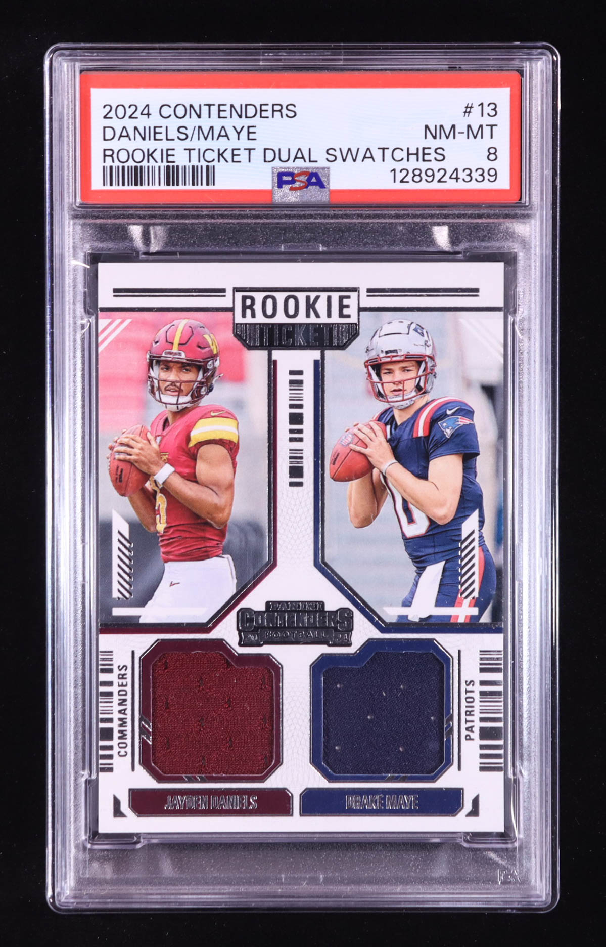 Drake Maye / Jayden Daniels 2024 Panini Contenders Rookie Ticket Dual Swatches #13 RC (PSA 8) at PristineAuction.com Drake Maye / Jayden Daniels 2024 Panini Contenders Rookie Ticket Dual Swatches #13 RC (PSA 8) at PristineAuction.com