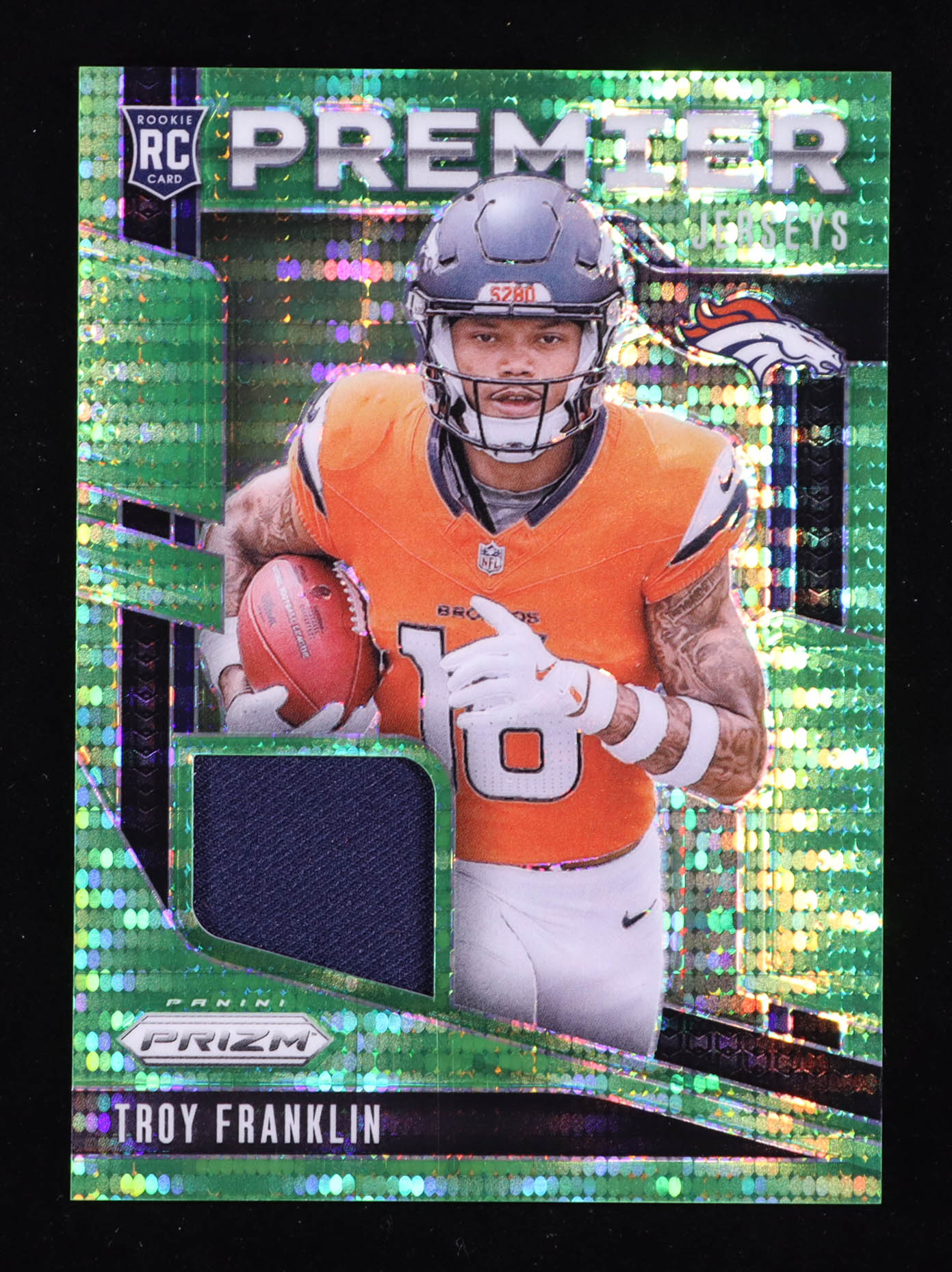 Troy Franklin 2024 Panini Prizm Premier Jerseys Neon Green Pulsar #21 RC at PristineAuction.com Troy Franklin 2024 Panini Prizm Premier Jerseys Neon Green Pulsar #21 RC at PristineAuction.com