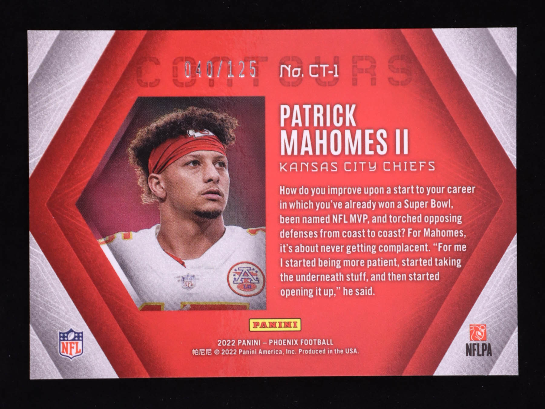 Patrick Mahomes II 2022 Panini Phoenix Contours Purple #1 #040/125 at PristineAuction.com Patrick Mahomes II 2022 Panini Phoenix Contours Purple #1 #040/125 at PristineAuction.com