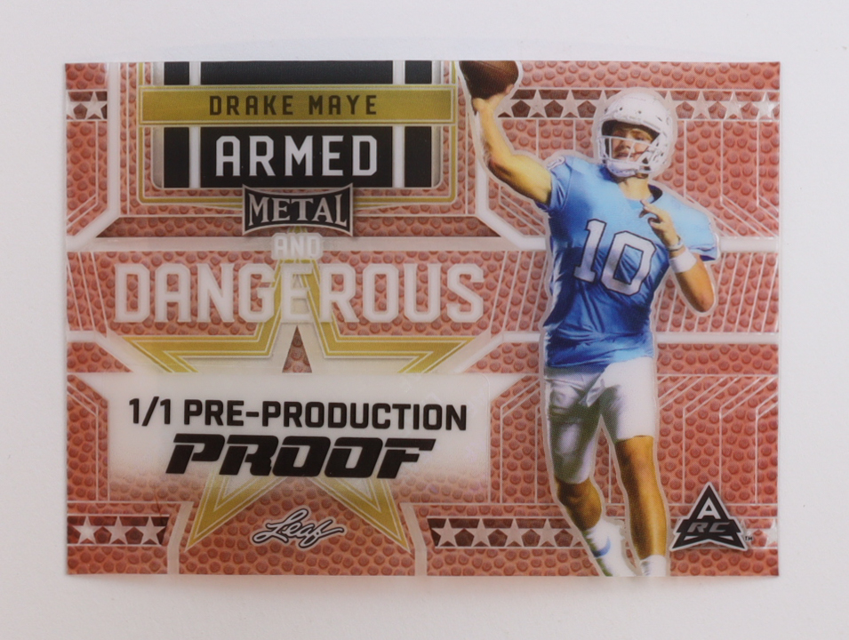 Drake Maye 2023 Leaf Metal Armed and Dangerous Pre-Production Proof RC #1/1 at PristineAuction.com Drake Maye 2023 Leaf Metal Armed and Dangerous Pre-Production Proof RC #1/1 at PristineAuction.com