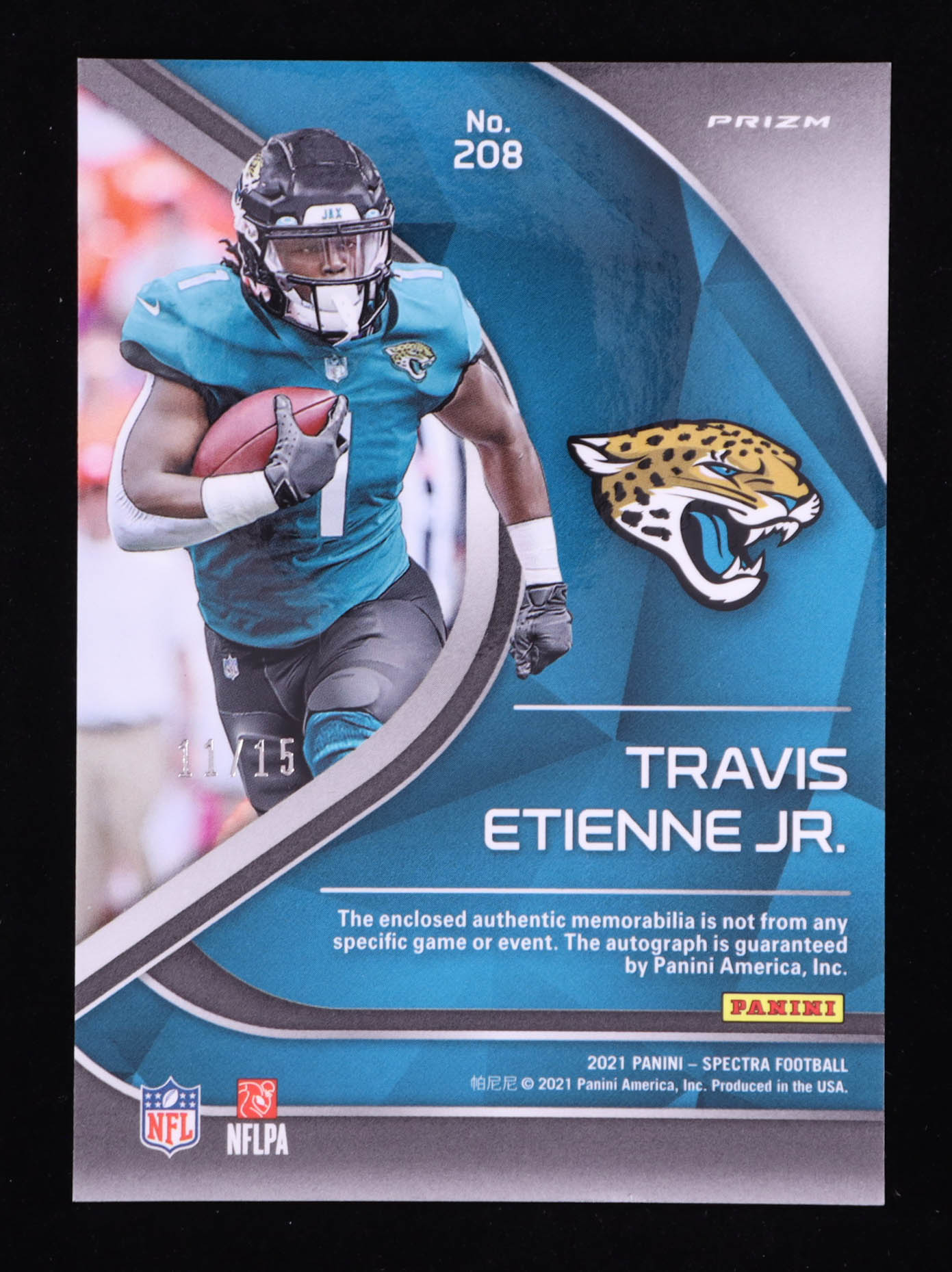 Travis Etienne Jr. 2021 Panini Spectra Neon Orange JSY AU #208 #11/15 RC at PristineAuction.com Travis Etienne Jr. 2021 Panini Spectra Neon Orange JSY AU #208 #11/15 RC at PristineAuction.com