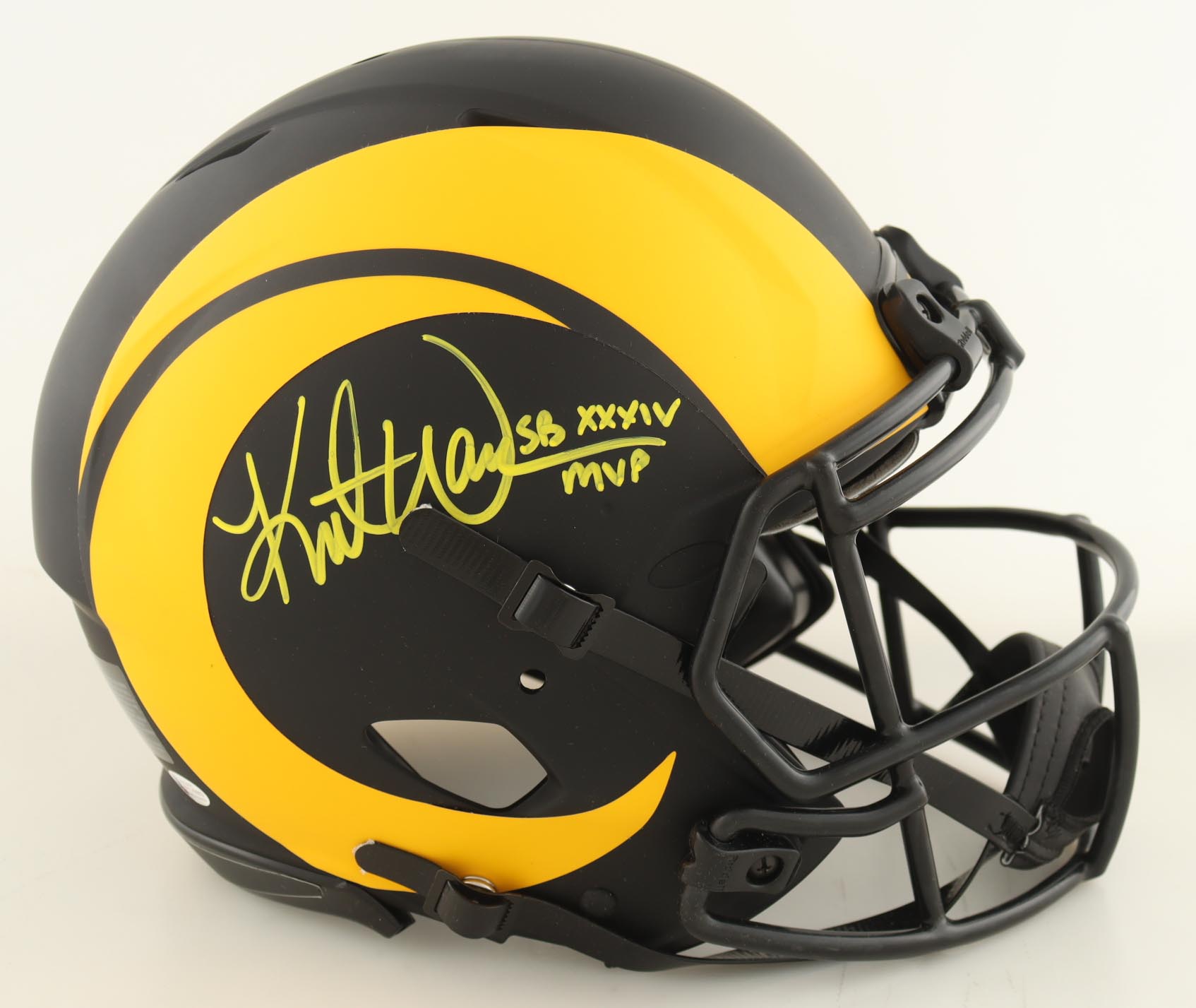 Kurt Warner Signed Rams Full-Size Authentic On-Field Eclipse Alternate Speed Helmet Inscribed "SB XXXIV MVP" (Beckett) at PristineAuction.com Kurt Warner Signed Rams Full-Size Authentic On-Field Eclipse Alternate Speed Helmet Inscribed "SB XXXIV MVP" (Beckett) at PristineAuction.com