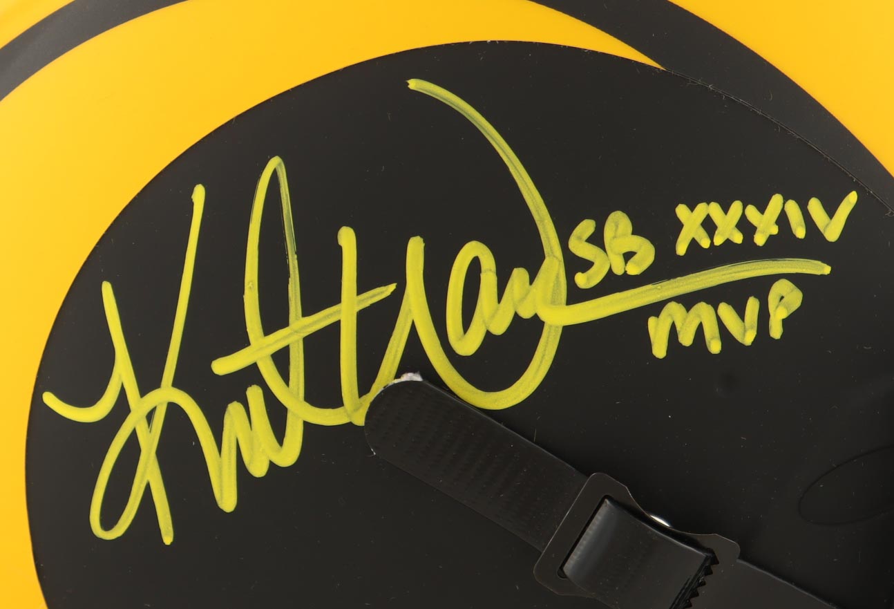 Kurt Warner Signed Rams Full-Size Authentic On-Field Eclipse Alternate Speed Helmet Inscribed "SB XXXIV MVP" (Beckett) at PristineAuction.com Kurt Warner Signed Rams Full-Size Authentic On-Field Eclipse Alternate Speed Helmet Inscribed "SB XXXIV MVP" (Beckett) at PristineAuction.com