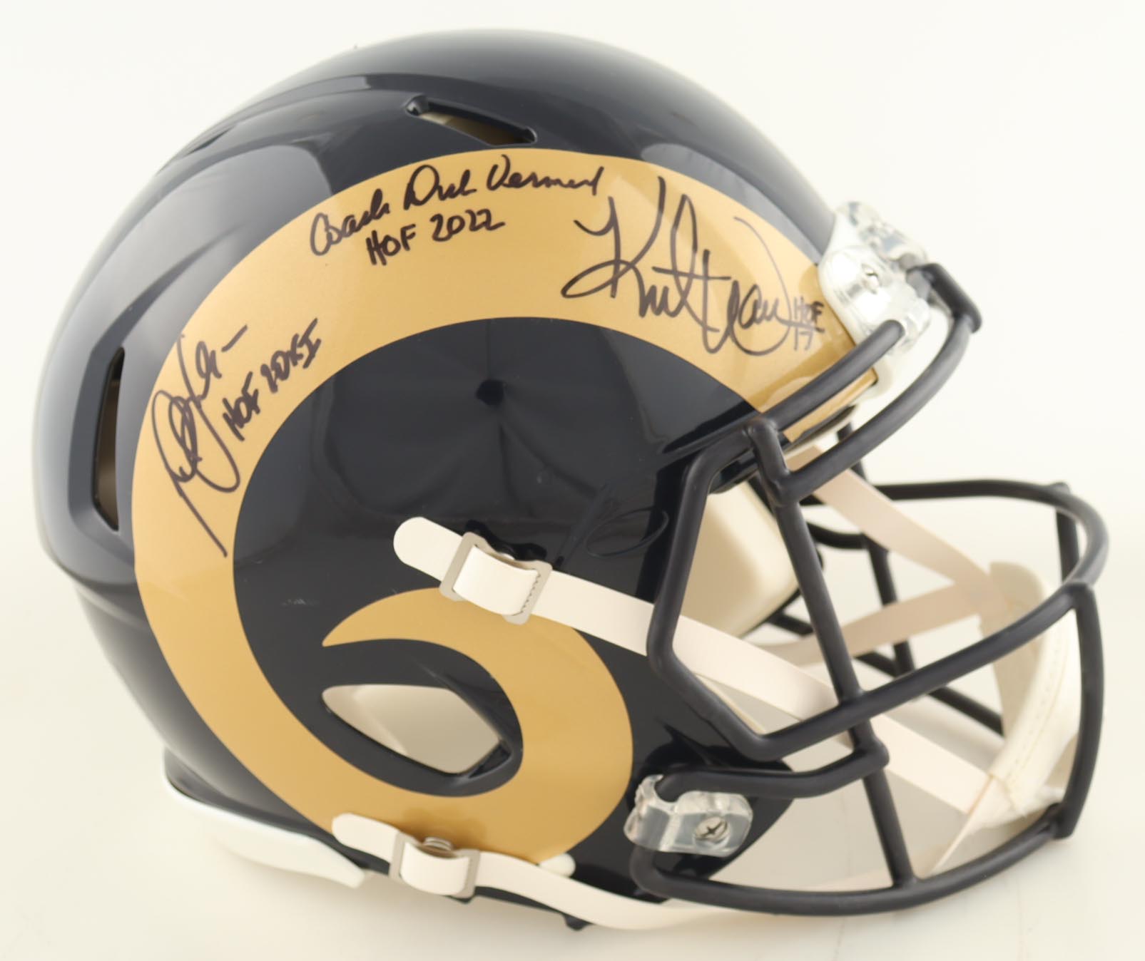 Kurt Warner, Marshall Faulk & Dick Vermeil Signed Rams Full-Size Authentic On-Field Speed Helmet Inscribed "HOF 2022", "HOF 17" & "HOF 20XI" (Beckett) at PristineAuction.com Kurt Warner, Marshall Faulk & Dick Vermeil Signed Rams Full-Size Authentic On-Field Speed Helmet Inscribed "HOF 2022", "HOF 17" & "HOF 20XI" (Beckett) at PristineAuction.com
