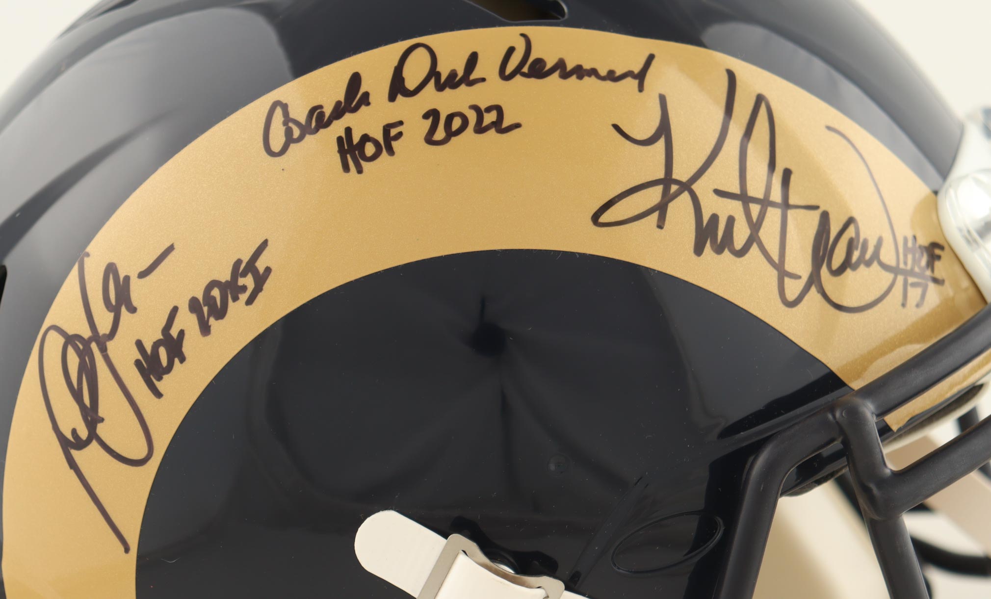 Kurt Warner, Marshall Faulk & Dick Vermeil Signed Rams Full-Size Authentic On-Field Speed Helmet Inscribed "HOF 2022", "HOF 17" & "HOF 20XI" (Beckett) at PristineAuction.com Kurt Warner, Marshall Faulk & Dick Vermeil Signed Rams Full-Size Authentic On-Field Speed Helmet Inscribed "HOF 2022", "HOF 17" & "HOF 20XI" (Beckett) at PristineAuction.com