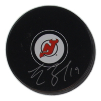 Travis Zajac Signed Devils Logo Hockey Puck (Beckett) at PristineAuction.com