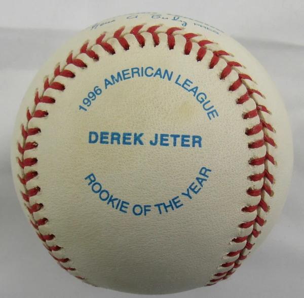 Derek Jeter Signed LE OAL Baseball Inscribed "ROY 96" (Beckett) at PristineAuction.com Derek Jeter Signed LE OAL Baseball Inscribed "ROY 96" (Beckett) at PristineAuction.com