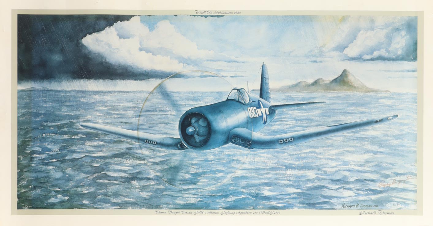 Pappy Boyington Signed Chance Vought Corsair F4U-1 Lithograph (AIV) WWII Ace at PristineAuction.com Pappy Boyington Signed Chance Vought Corsair F4U-1 Lithograph (AIV) WWII Ace at PristineAuction.com