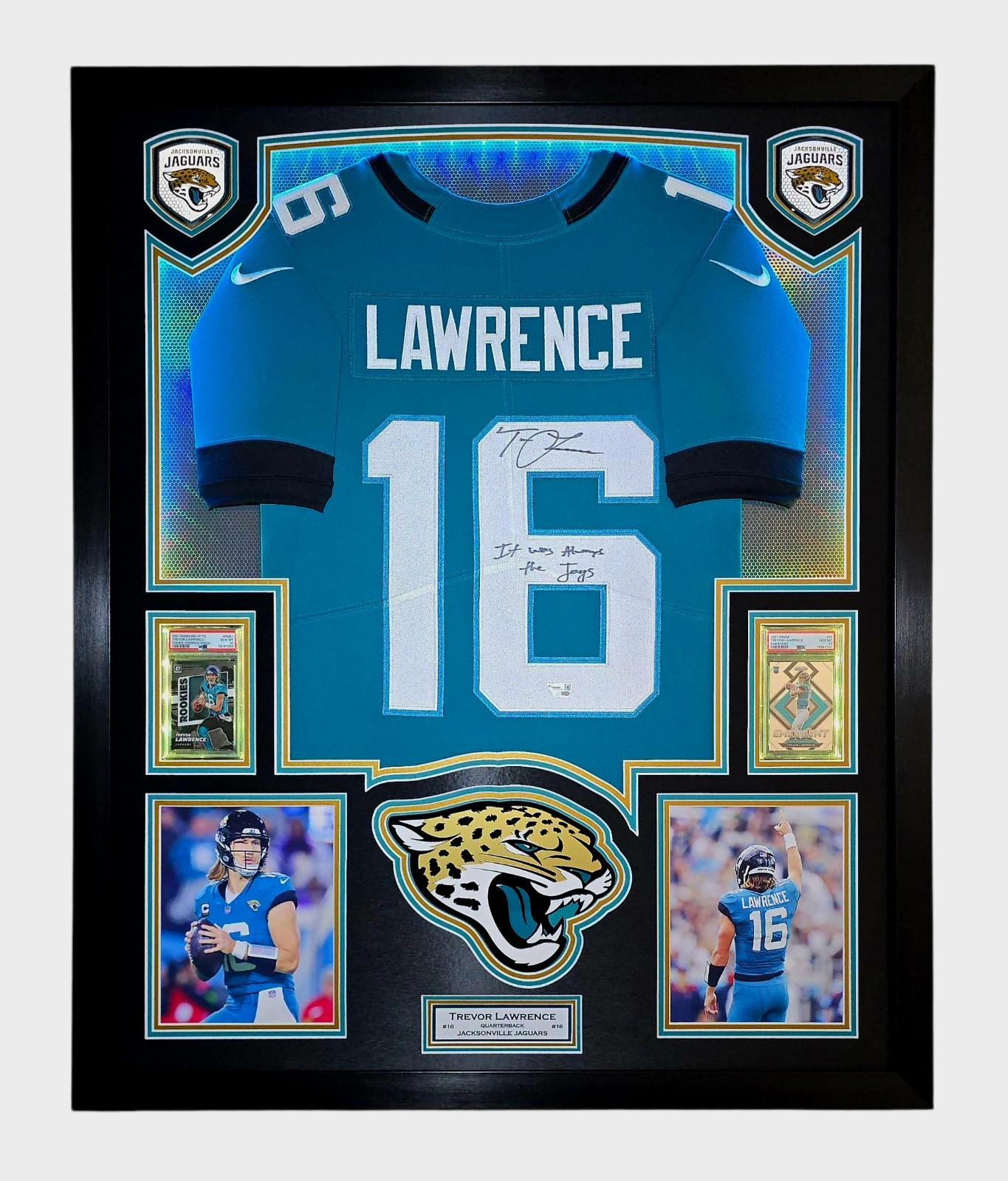Trevor Lawrence Signed Jaguars Custom Framed LED Nike Jersey Display Inscribed "It Was Always The Jags" with (2) PSA 10 Graded Cards (Fanatics) at PristineAuction.com Trevor Lawrence Signed Jaguars Custom Framed LED Nike Jersey Display Inscribed "It Was Always The Jags" with (2) PSA 10 Graded Cards (Fanatics) at PristineAuction.com